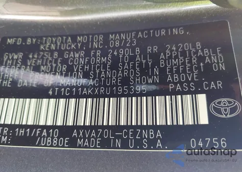 2024 Toyota Camry Le z USA, uszkodzony, nr VIN 4T1C11AKXRU195395